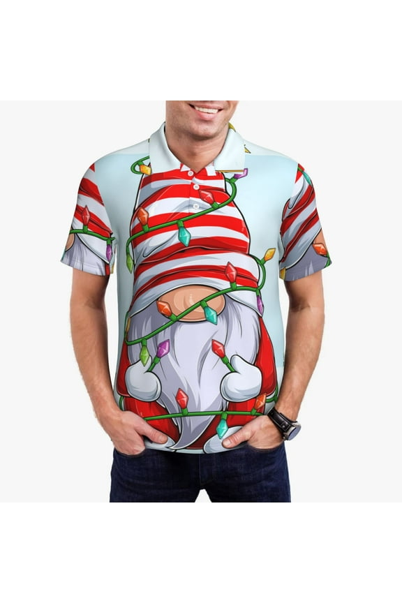 Funny Christmas Gnome Print Men's Polo Shirt, Two-Button Closure Pique Polo Shirt, Summer Fashion Golf Shirt-4X-Large