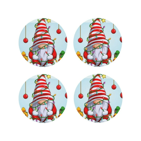 Picia Funny Christmas Gnome Printed Leather Coasters for Drinks, 4" Drink Coasters Set of 4 for Tabletop Protection, Handmade Luxurious Home Décor and Housewarming Gift -Round Shape