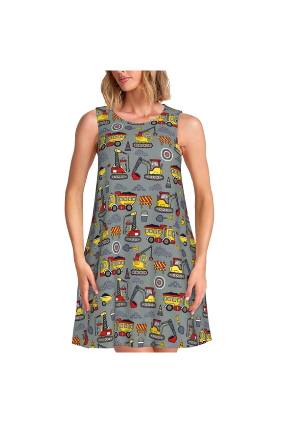 Funny Construction Print Women’s Sleeveless Midi Swing Dress – A-Line Pleated Tank Sundress, Comfortable and Flowy T-Shirt Dress