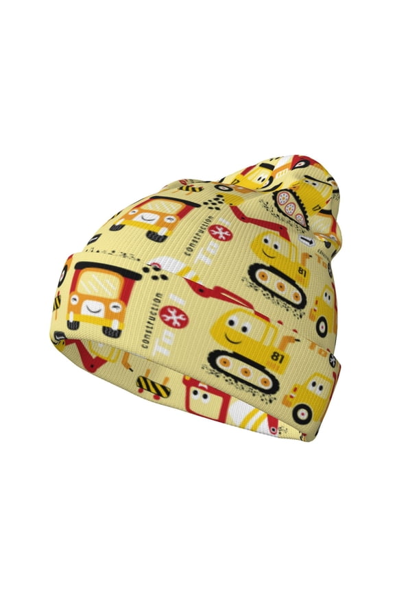 Funny Construction Vehicles Pattern Knitted Beanie Hat for Men and Women , Unisex Winter Warm Stretchy Knit Cap Thick Fisherman Beanies Cuffed Plain Skull Caps