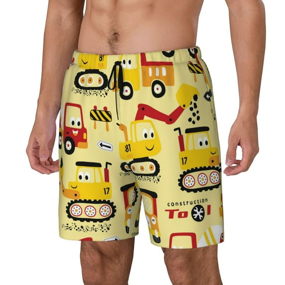 Picia Funny Construction Vehicles pattern Mens Swim Trunks with Compression Liner Stretch Beach Shorts Quick Dry with Zipper Pockets No-Chafing Board Shorts-Large