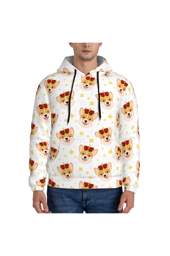 Funny Corgi Pattern Casual Men's Hoodie - Lightweight Hooded Sweatshirt with Kangaroo Pocket, Comfortable Pullover for Everyday, Travel-Medium