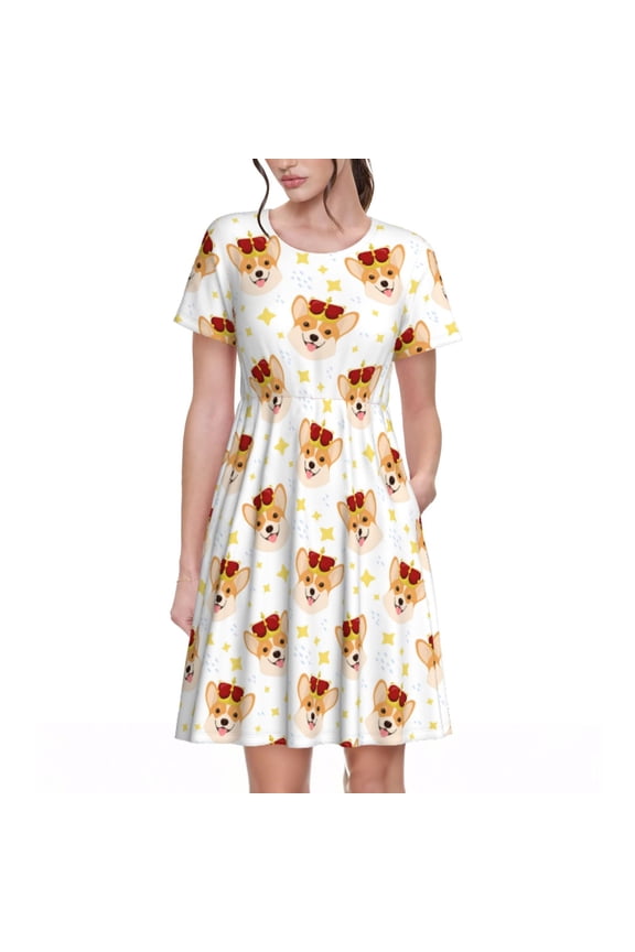 Funny Corgi Pattern Women's Short Sleeve Summer Dress Pleated Loose Swing Knee Length Short Sleeve Swing Dresses