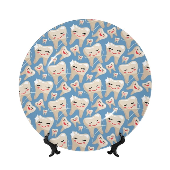 Picia Funny Cute Healthy Teeth Pattern Bone China Decorative Plate – Wall Decor with Stand and Adhesive, Elegant Ornament for Living Room, Office, or Entryway-7in