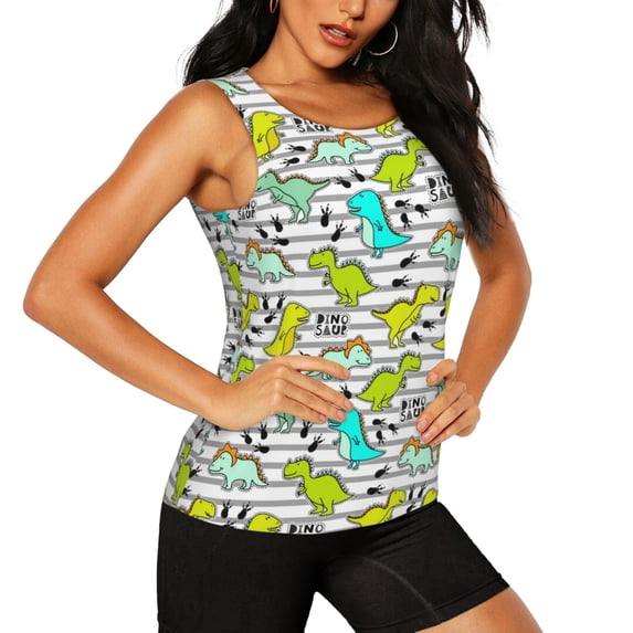 Picia Funny Dinosaurs on Stripes Pattern Women's Workout Tank Top,Breathable Activewear,Slim Fit Athletic Top,Versatile Workout Moisture-wicking top-X-Large