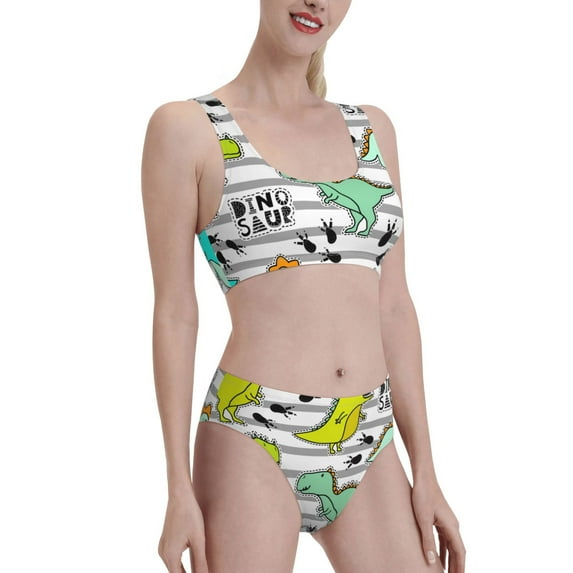 Picia Funny Dinosaurs on Stripes Women's High Waisted Bikini Scoop Neck Swimsuit Two Pieces Bathing Suit-Medium