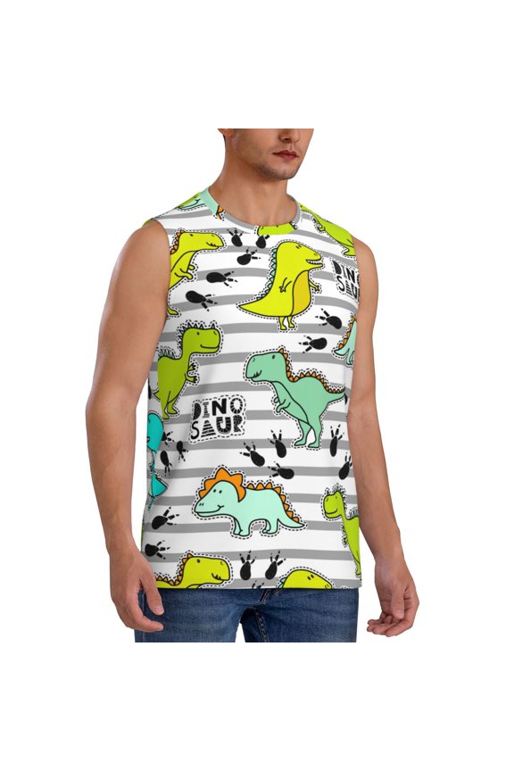 Funny Dinosaurs on Stripes mens Cotton Tank Undershirts , Moisture-wicking Ribbed Tanks, Lightweight Cotton Tank Undershirts-Small