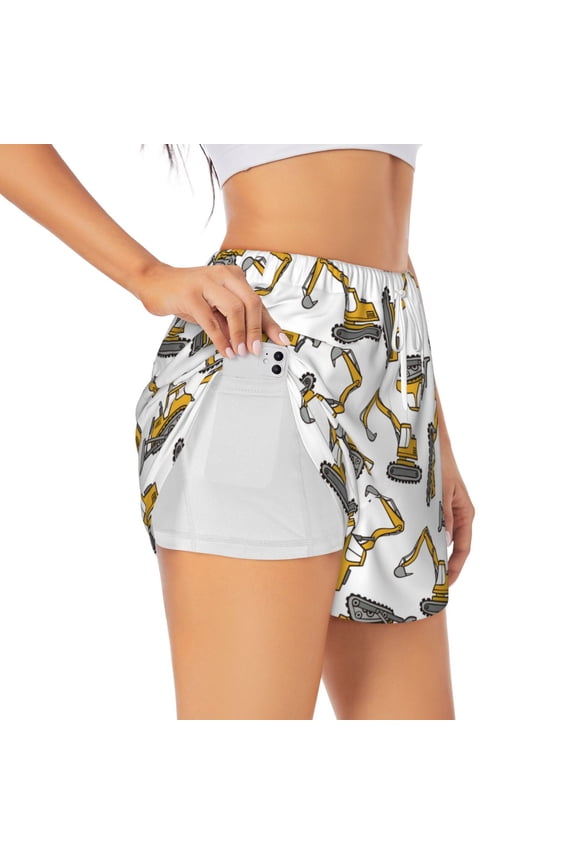 Funny Excavator Pattern Women's 2 in 1 Athletic Running Shorts High Waisted Workout Casual Gym Sweat Shorts with Comfy Liner Zipper Pockets-Medium