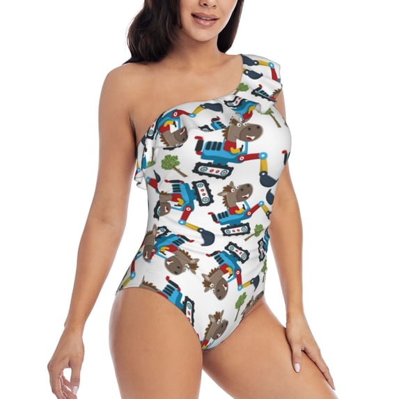 Picia Funny Excavator Pattern Women's One Piece Swimsuits,One Shoulder Swimwear Asymmetric ,Ruffle Monokinis Bathing Suits,High Waisted Flattering Bathing Suits-Small