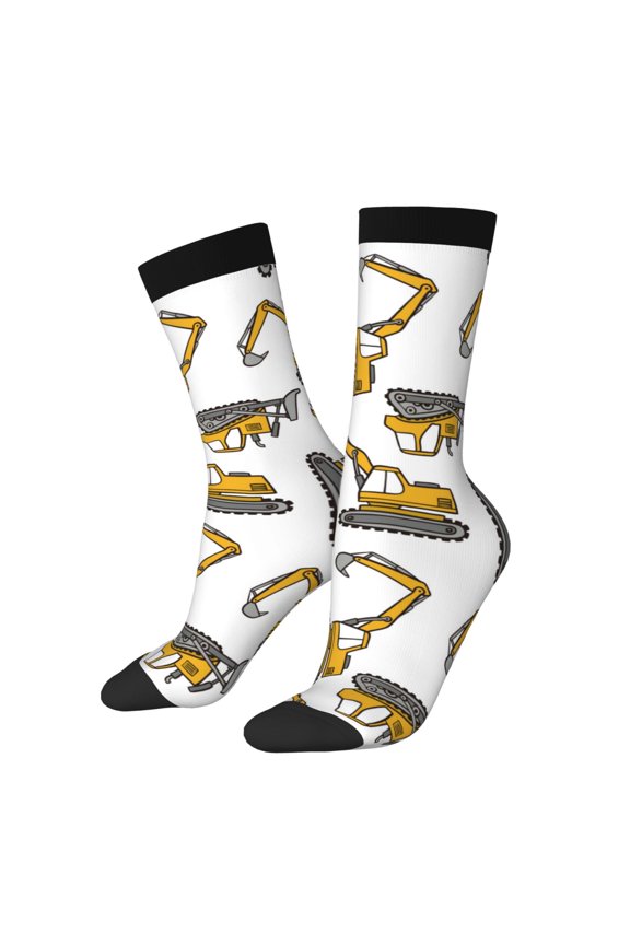 Funny Excavator Print Athletic Socks for Men & Women – Cushioned Moisture-Wicking Crew Socks for Sports, Running, and Training, Soft & Breathable Size 5-11