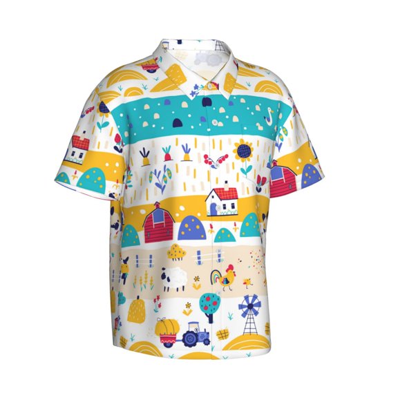 Picia Funny Farm Gentle Cotton Regular Fit Short Sleeve Casual Hawaiian Shirt for Men-