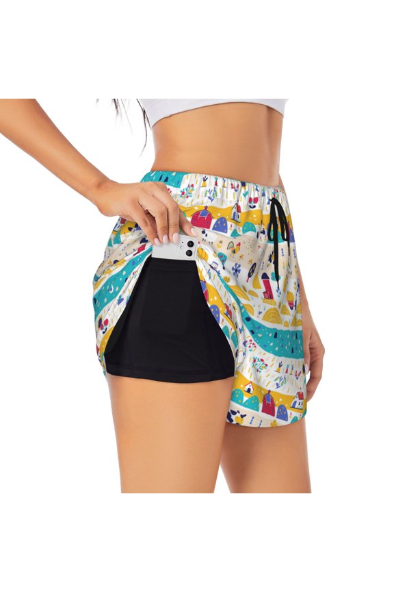 Funny Farm Pattern Women's 2 in 1 Athletic Running Shorts High Waisted Workout Casual Gym Sweat Shorts with Comfy Liner Zipper Pockets-Large