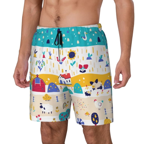 Picia Funny Farm pattern Mens Swim Trunks with Compression Liner Stretch Beach Shorts Quick Dry with Zipper Pockets No-Chafing Board Shorts-Small