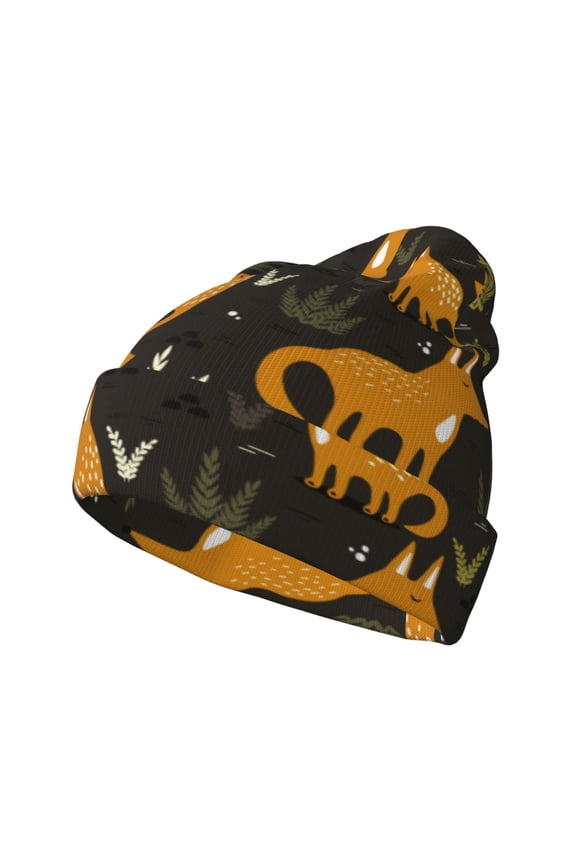 Funny Fox by the Field Pattern Knitted Beanie Hat for Men and Women , Unisex Winter Warm Stretchy Knit Cap Thick Fisherman Beanies Cuffed Plain Skull Caps