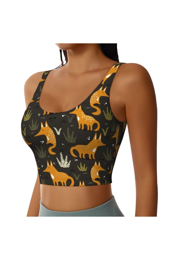 Funny Fox by the Field Sports Bra for Women,Padded Strappy Sports Bras Medium Support Yoga Bra with Removable Cups,Running Yoga Bra-Large