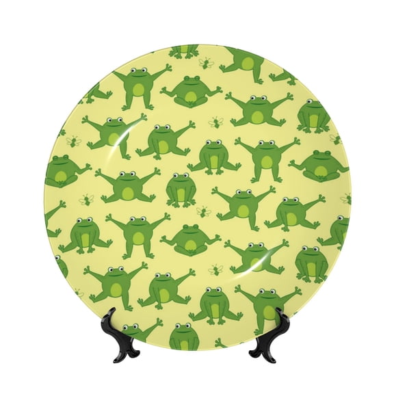 Picia Funny Frogs Pattern Bone China Decorative Plate – Wall Decor with Stand and Adhesive, Elegant Ornament for Living Room, Office, or Entryway-7in