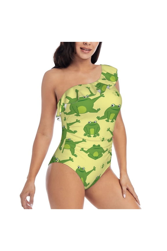 Funny Frogs Pattern Women's One Piece Swimsuits,One Shoulder Swimwear Asymmetric ,Ruffle Monokinis Bathing Suits,High Waisted Flattering Bathing Suits-Small