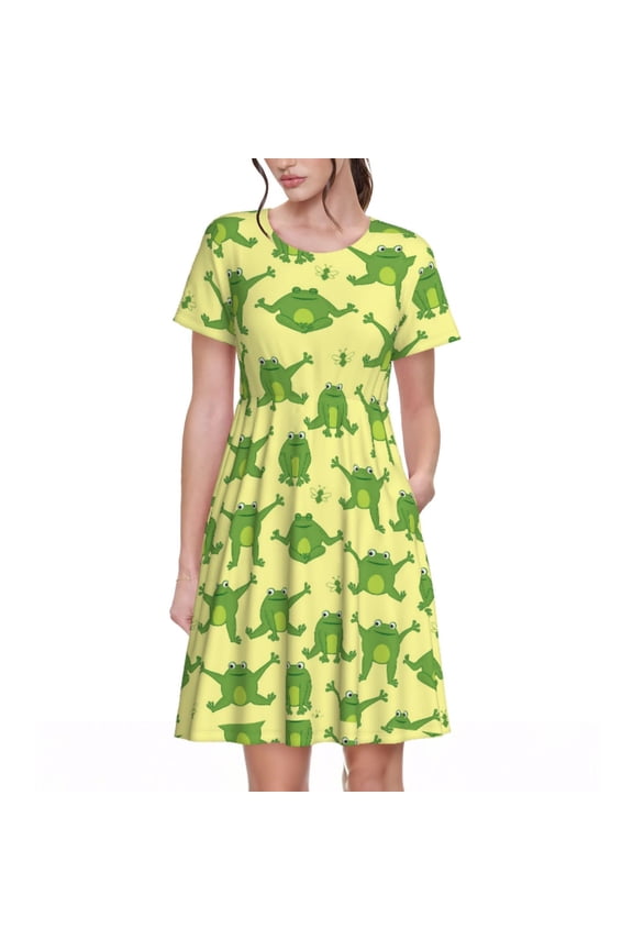 Funny Frogs Pattern Women's Short Sleeve Summer Dress Pleated Loose Swing Knee Length Short Sleeve Swing Dresses