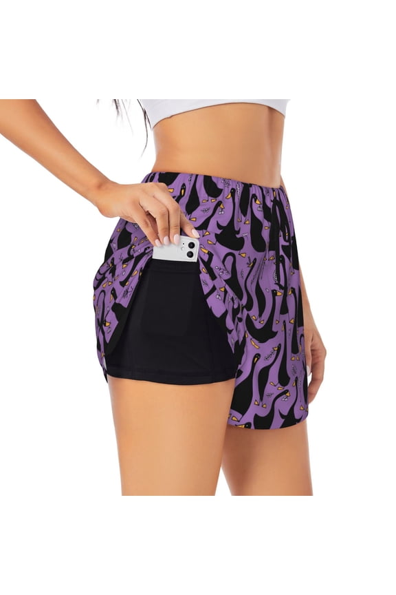 Funny Goose Pattern Women's 2 in 1 Athletic Running Shorts High Waisted Workout Casual Gym Sweat Shorts with Comfy Liner Zipper Pockets-Small