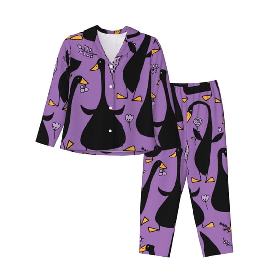 Picia Funny Goose Pattern Women’s Long-Sleeve Sleepwear Set - Soft 2-Piece Loungewear with Pockets, Comfy PJs for Relaxing Nights-Small