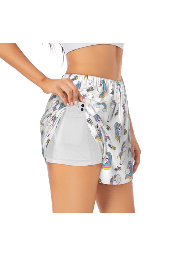 Funny Kawaii Unicorns Dancing Pattern Women's 2 in 1 Athletic Running Shorts High Waisted Workout Casual Gym Sweat Shorts with Comfy Liner Zipper Pockets-X-Large