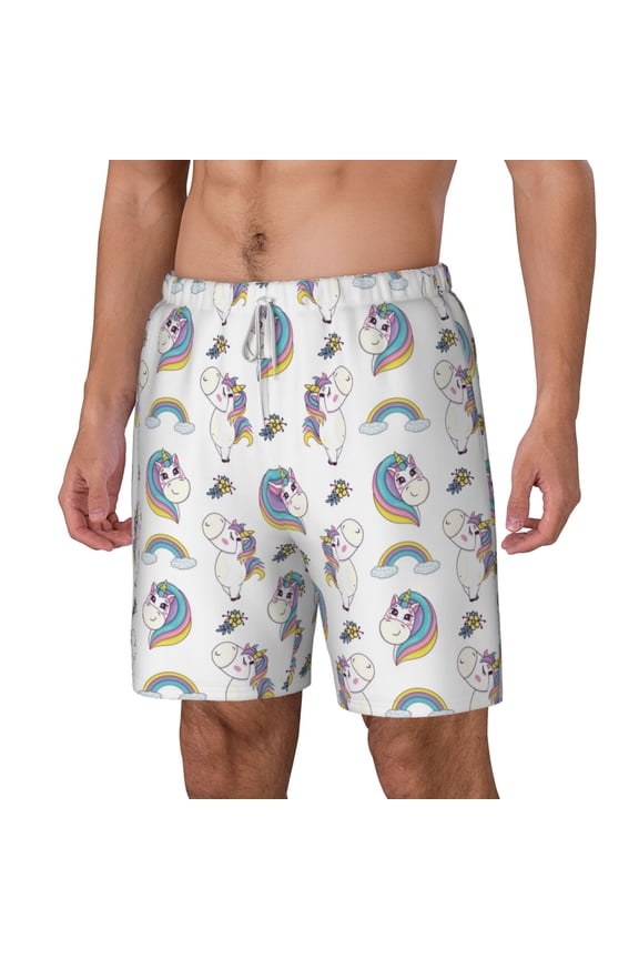 Funny Kawaii Unicorns Dancing pattern Mens Swim Trunks with Compression Liner Stretch Beach Shorts Quick Dry with Zipper Pockets No-Chafing Board Shorts-Small