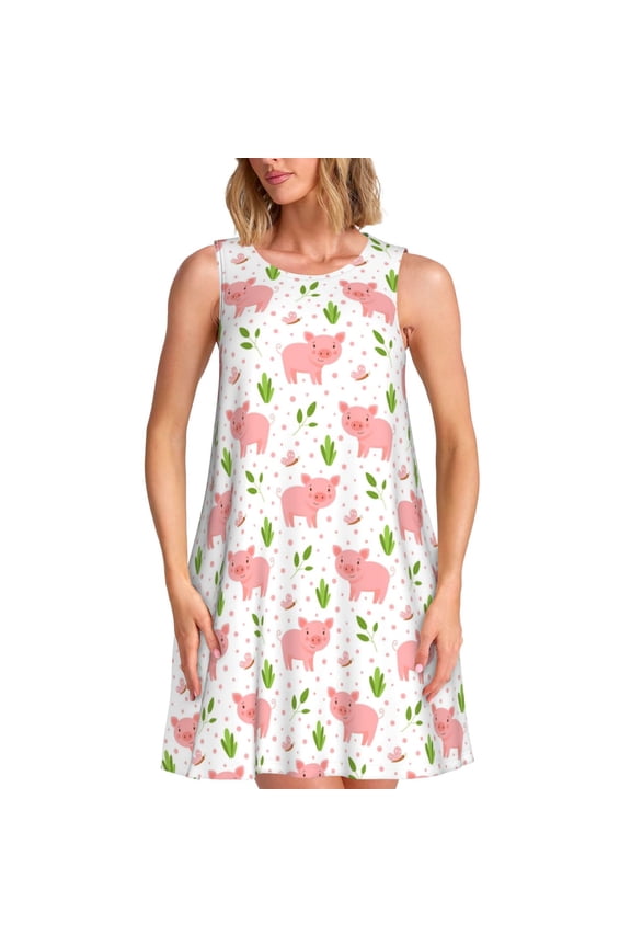 Funny Little Pigs Print Women’s Sleeveless Midi Swing Dress – A-Line Pleated Tank Sundress, Comfortable and Flowy T-Shirt Dress