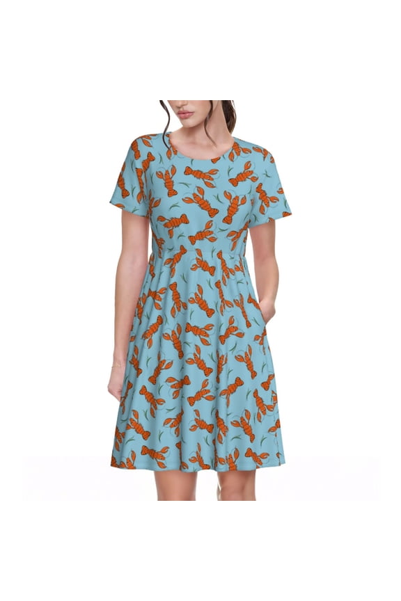 Funny Lobsters Pattern Women's Short Sleeve Summer Dress Pleated Loose Swing Knee Length Short Sleeve Swing Dresses