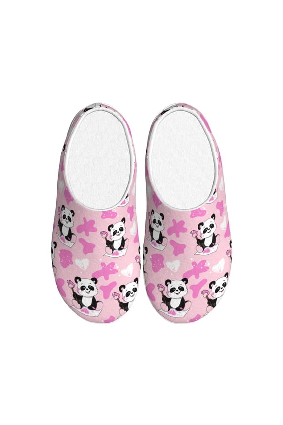 Funny Panda Draws A Heart for Women's Lamb-hug Comfy Fleece House Slippers Memory Foam, Slip-on House Shoes Indoor Outdoor-46/47