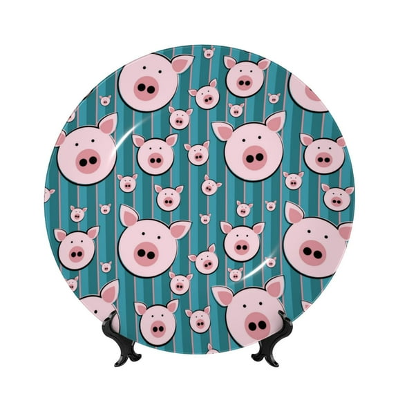 Picia Funny Pig Faces Pattern Bone China Decorative Plate – Wall Decor with Stand and Adhesive, Elegant Ornament for Living Room, Office, or Entryway-8in