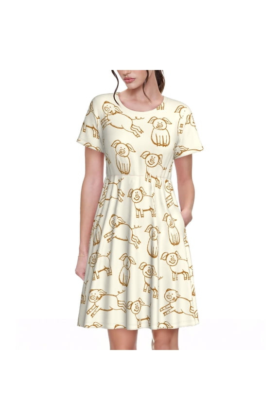 Funny Pigs Pattern Women's Short Sleeve Summer Dress Pleated Loose Swing Knee Length Short Sleeve Swing Dresses