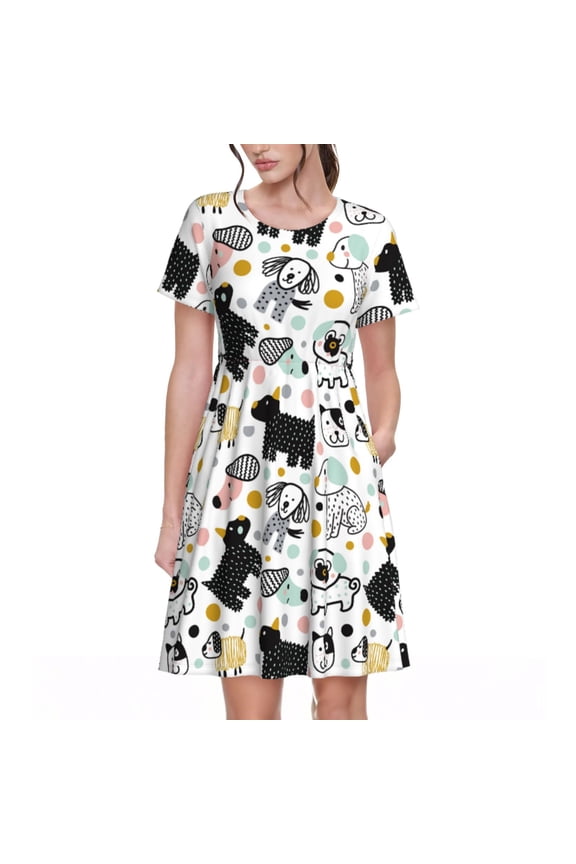Funny Puppy Pattern Women's Short Sleeve Summer Dress Pleated Loose Swing Knee Length Short Sleeve Swing Dresses