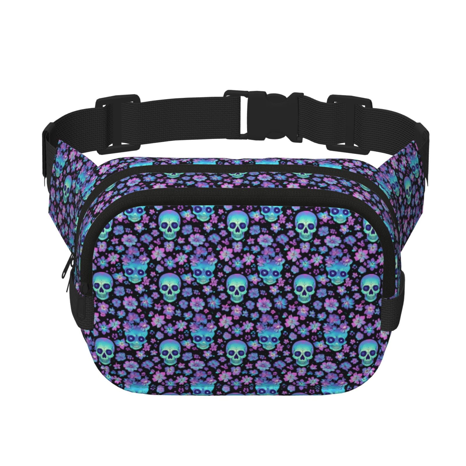 Picia Funny Skull Flower Print Square Double-Layer Waist Bag Mini Adjustable Waist Belt Bag Exercise Running Travel Hiking