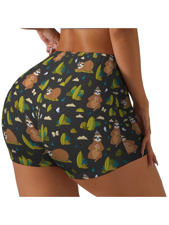 Funny Sloths In The Forest Printed Workout Shorts for Women Seamless Scrunch Butt Lifting High Waisted Yoga Gym Booty Running Moisture-wicking Short Pants-Medium