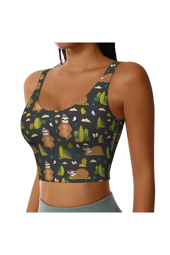 Funny Sloths In The Forest Sports Bra for Women,Padded Strappy Sports Bras Medium Support Yoga Bra with Removable Cups,Running Yoga Bra-X-Large