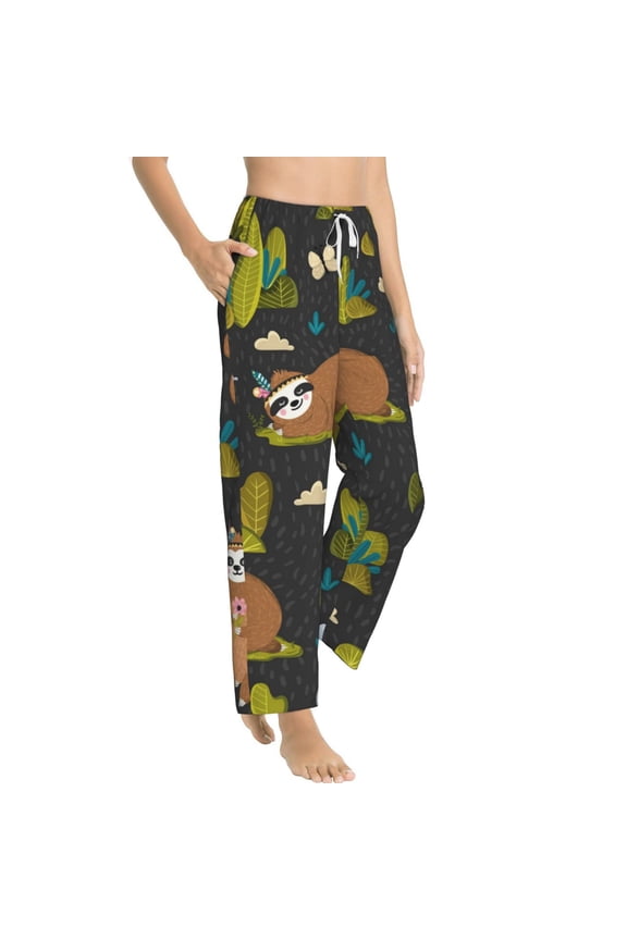 Funny Sloths In The Forest Womens Soft Woven Cotton Elastic Waistband Sleep Pajama Pant Lounge Sleep Pant With Pockets And Drawstring-Medium