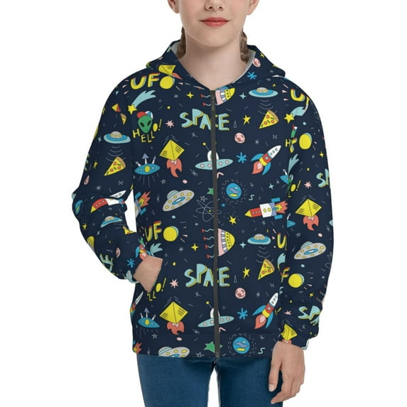 Picia Funny Spaceships for Boys Fashion Full-zip Hoodies & Sweatshirts with Kangaroo Pocket,Zip-up Hooded Sweatshirt for Kid, Moisture Wicking & Breathable-Small