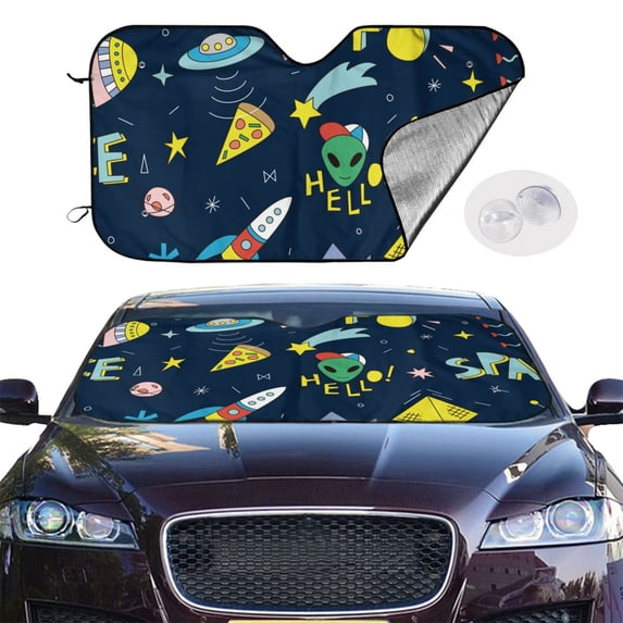 Picia Funny Spaceships Curved Windshield Sunshade Accordion Folding Style Auto Shade for Car Truck SUV Van Blocks UV Ray Sun Visor Protector -Medium