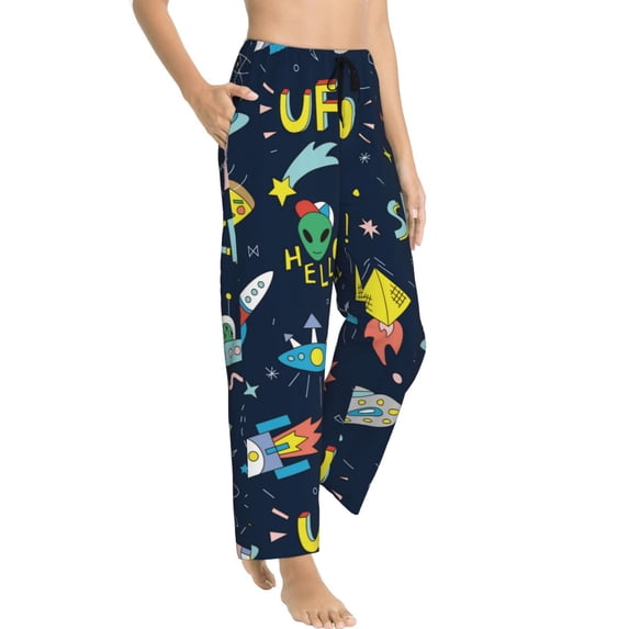 Picia Funny Spaceships Womens Soft Woven Cotton Elastic Waistband Sleep Pajama Pant Lounge Sleep Pant With Pockets And Drawstring-Medium