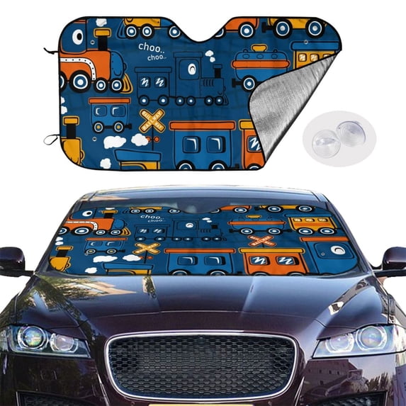 Picia Funny Steam Train Curved Windshield Sunshade Accordion Folding Style Auto Shade for Car Truck SUV Van Blocks UV Ray Sun Visor Protector -Small