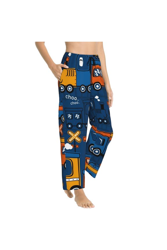Funny Steam Train Womens Soft Woven Cotton Elastic Waistband Sleep Pajama Pant Lounge Sleep Pant With Pockets And Drawstring-Small