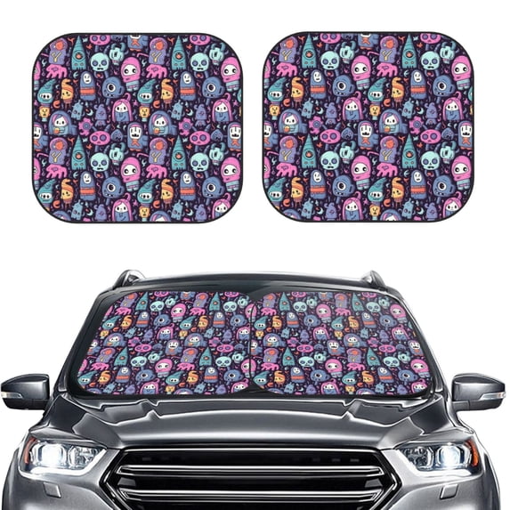Picia Funny colorful skull ghost 2 Piece Car Windshield Sun Shade Foldable | Foldable Sun Shield for Front Window Blocks UV Rays and Keeps Your Vehicle Cool-Medium