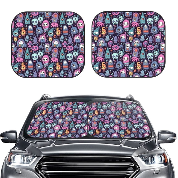 Picia Funny colorful skull ghost 2 Piece Car Windshield Sun Shade Foldable | Foldable Sun Shield for Front Window Blocks UV Rays and Keeps Your Vehicle Cool-Small
