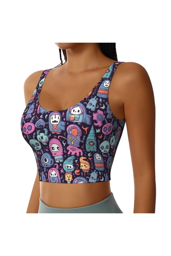 Funny colorful skull ghost Sports Bra for Women,Padded Strappy Sports Bras Medium Support Yoga Bra with Removable Cups,Running Yoga Bra-Large