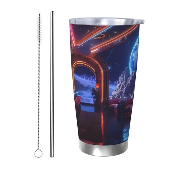 Picia Futuristic Bar Space View Pattern 20 oz Tumbler Stainless Steel Vacuum Insulated Coffee Ice Cup Double Wall Travel Flask Dual Lid Water Bottle, Eco-friendly Car Cup