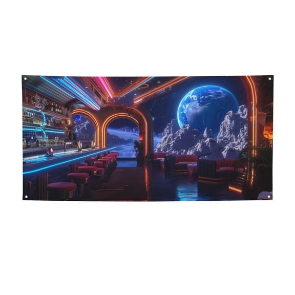 Picia Futuristic Bar Space View Pattern Party Banner, Festive Decoration, Holiday Banner, Celebration Decor, Event Banner, Reusable Party Banner-Medium