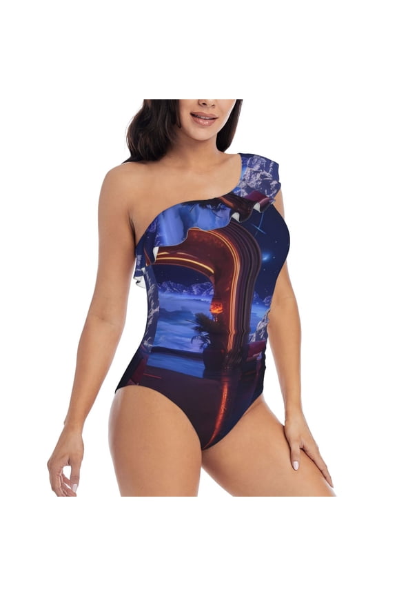 Futuristic Bar Space View Pattern Women's One Piece Swimsuits,One Shoulder Swimwear Asymmetric ,Ruffle Monokinis Bathing Suits,High Waisted Flattering Bathing Suits-Small