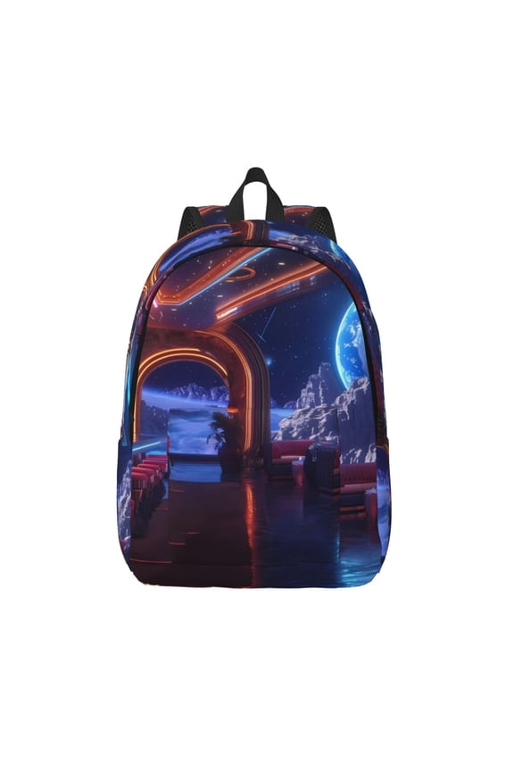 Futuristic Bar Space View Printed Canvas Daypack - Stylish and Durable Vintage Compact Backpack - Class, Work, Travel, or Laptop Bookbag,Organized Compartments-Medium