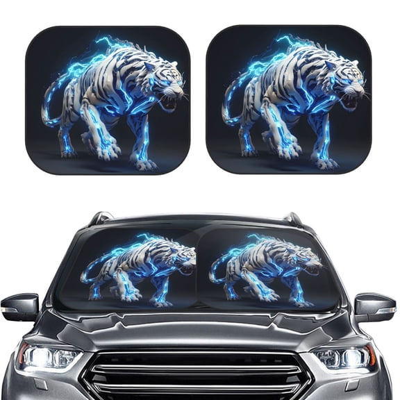 Picia Futuristic Blue Light White Tiger 2 Piece Car Windshield Sun Shade Foldable | Foldable Sun Shield for Front Window Blocks UV Rays and Keeps Your Vehicle Cool-Medium