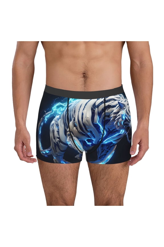 Futuristic Blue Light White Tiger Pattern Men’s Boxer Briefs – Soft & Breathable Underwear, Stretchy & Comfortable Fit, Supportive Pouch Design, Moisture-Wicking-X-Large